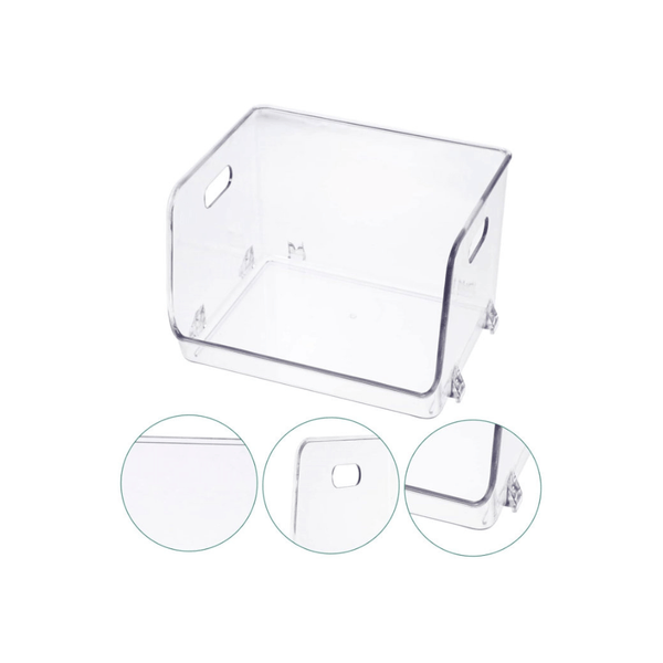 Clear stackable storage organiser for pantry, fridge, or under-sink use; space-saving design.