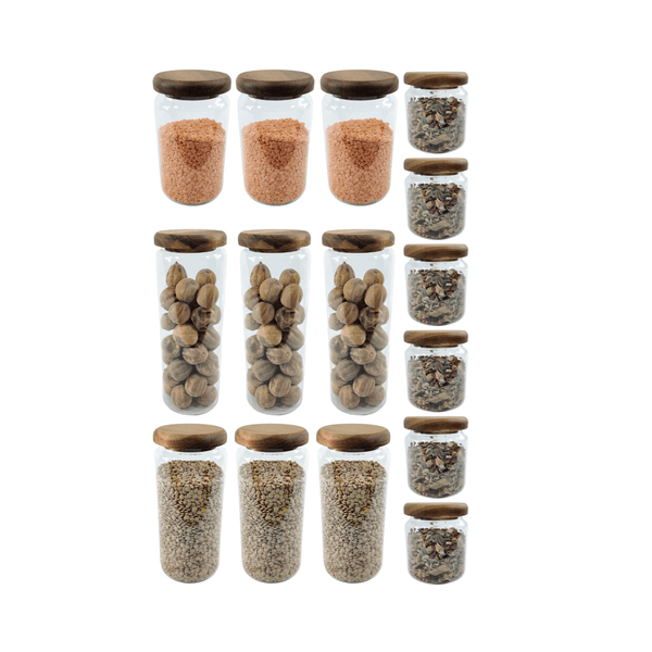Acacia lid glass jars in 15-pack for pantry storage and space-saving organization.