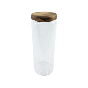 Clear glass jar with wooden lid from Acacia Glass Jar Deluxe Pantry – 21 Pack, ideal for pantry organisation in the kitchen.
