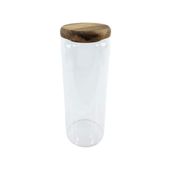 Clear glass jar with wooden lid from Acacia Glass Jar Deluxe Pantry – 21 Pack, ideal for pantry organisation in the kitchen.