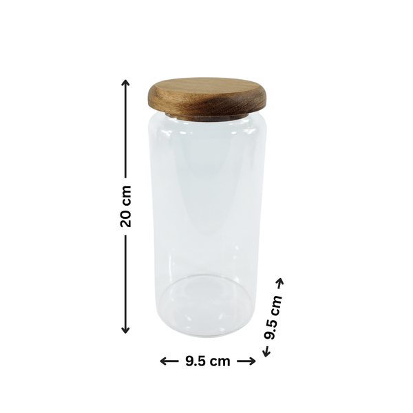 Glass jar with acacia wood lid, 20 cm high, for pantry storage and organization.