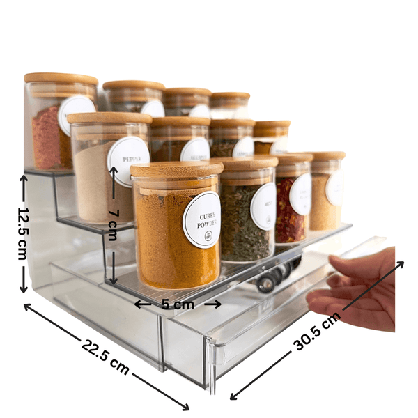 Acrylic spice rack with drawer, 12 bamboo jars; ideal kitchen pantry storage organizer.