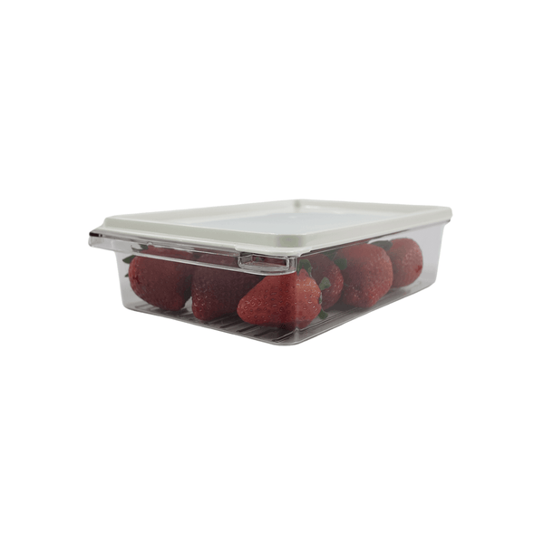 Clear small airtight food storage container with strawberries, ideal for fridge or pantry.