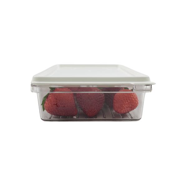 Small airtight food storage container with strawberries, ideal fridge organiser, space-saving kitchen jar