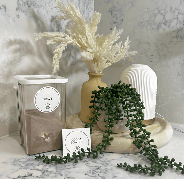 Pantry sticker set on jar, perfect for organizing kitchen storage, space-saving solution.