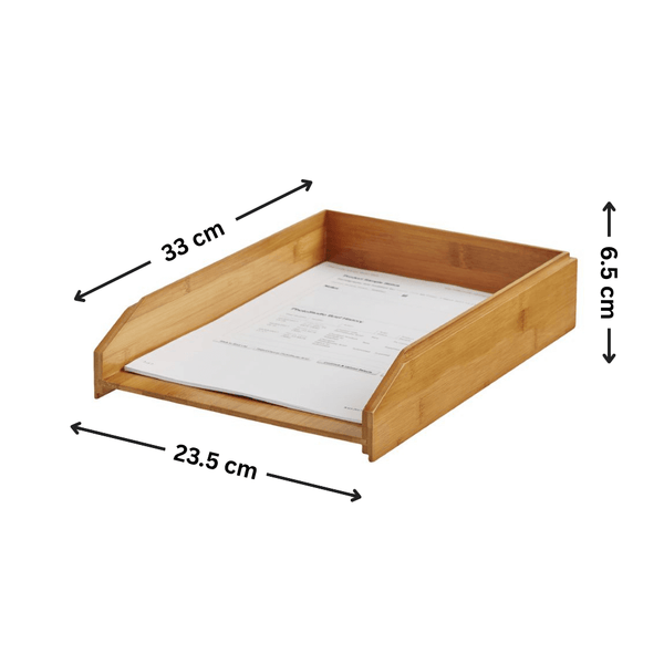 Bamboo desk tray for document organisation, dimensions 33x23.5x6.5 cm, home office storage organiser.