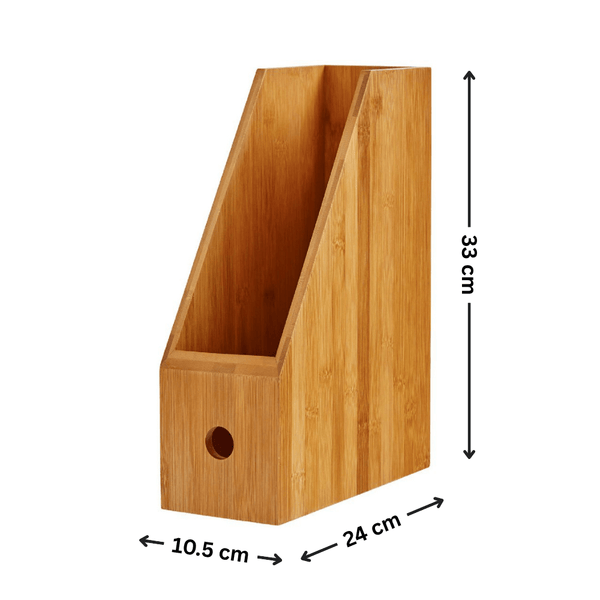 Bamboo magazine holder for organized storage, ideal for office or study, 33cm tall.