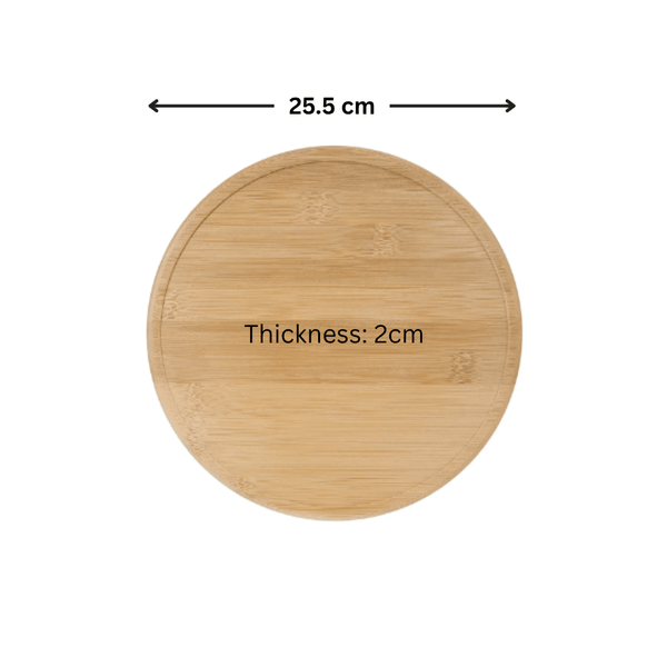 Bamboo round storage organiser lid, 25.5cm diameter, 2cm thick, perfect for kitchen pantry jars.