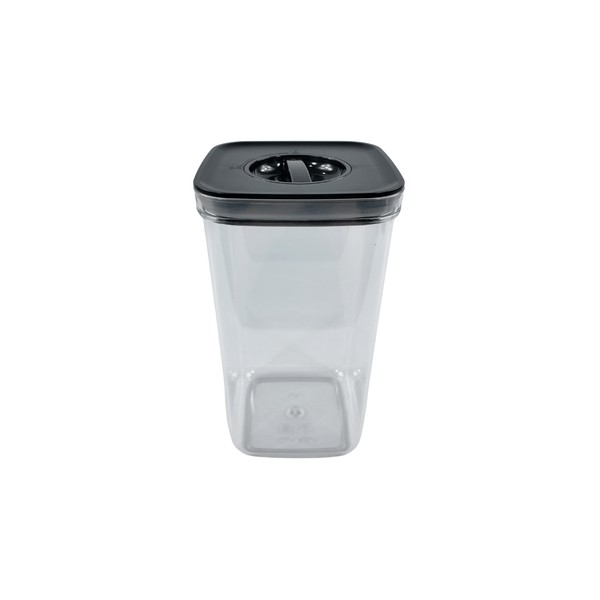 Black airtight 2100ml container with twist lock, ideal for pantry storage, space-saving.