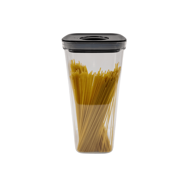 Black airtight container with twist lock, ideal for pasta storage in pantry.