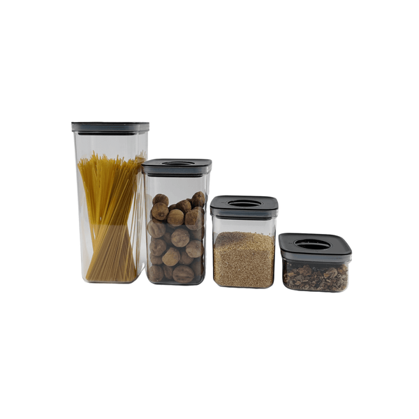 Set of black airtight storage containers for pantry or fridge, twist lock lids, space-saving