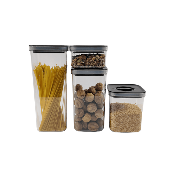 Black airtight container set with twist locks, perfect pantry jars for pasta and grains storage.
