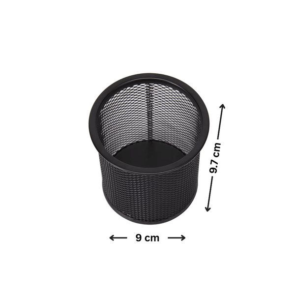 Black mesh pen cup, 9cm x 9.7cm, desk organiser for space-saving office storage.
