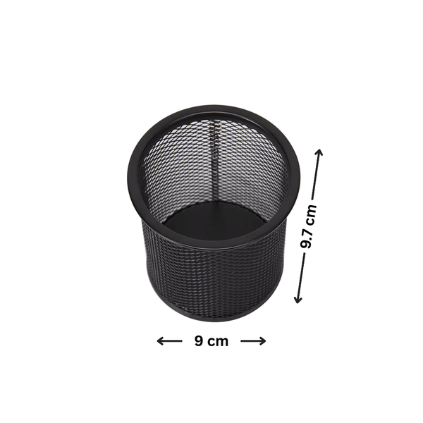 Black Mesh Pen Cup for Desk Organisation, ideal for kitchen, pantry, or drawer as a versatile storage organiser. Dimensions 9cm x 9.7cm.