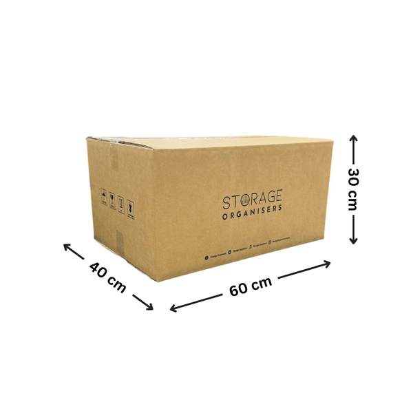 Large brown cardboard storage organiser box for pantry or laundry, 60x40x30 cm.