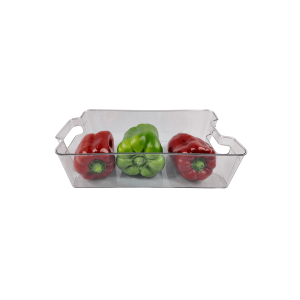 Clear fridge storage box with peppers, perfect for pantry jars and kitchen baskets.