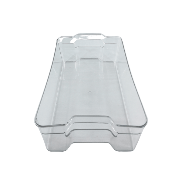 Large clear fridge storage box for pantry or kitchen; ideal space-saving organizer.