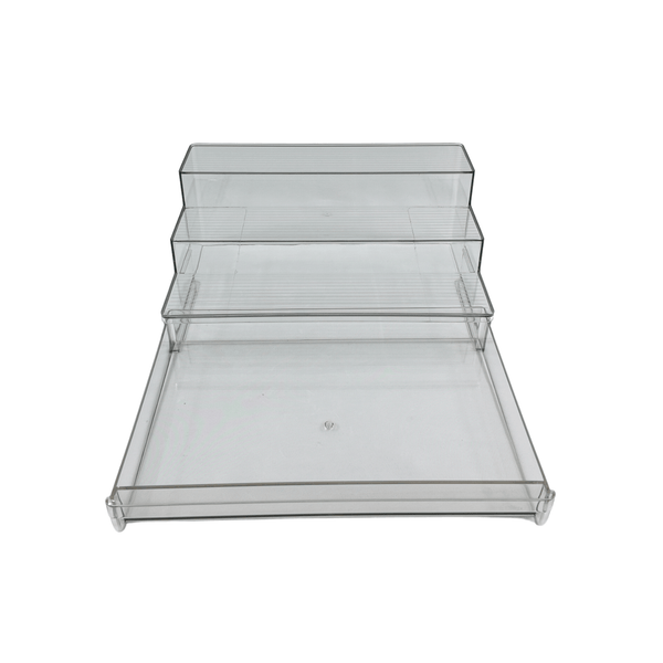 Clear herb and spice storage organiser with drawer for pantry or kitchen.