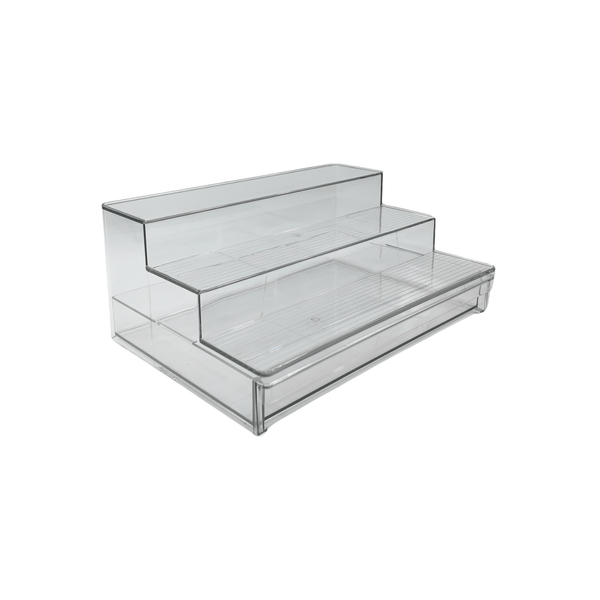 Three-tier acrylic spice rack with drawer, ideal for kitchen pantries, space-saving organiser.