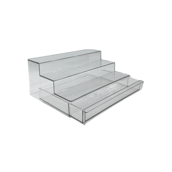 Clear Herb & Spice Rack with Drawer, ideal for kitchen or pantry use, enhances storage organisation with glass jars and drawer organisers.