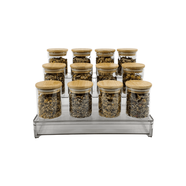 Clear herb and spice organiser with drawer, ideal for pantry storage, space-saving solution.