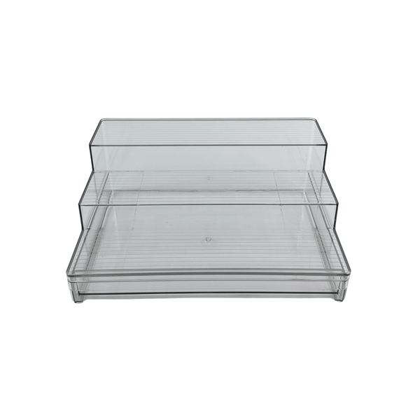 Clear plastic pantry organiser for efficient space-saving storage in kitchen.
