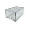 Clear plastic fridge container for space-saving storage and organization in kitchens.