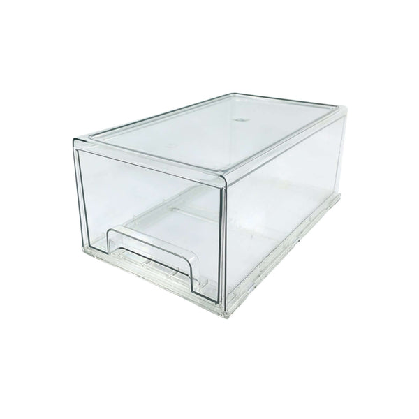 Clear large modular drawer organiser for pantry, fridge, and kitchen storage solutions. Space-saving design.