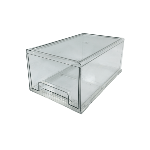Clear plastic fridge container for space-saving storage and organization in kitchens.