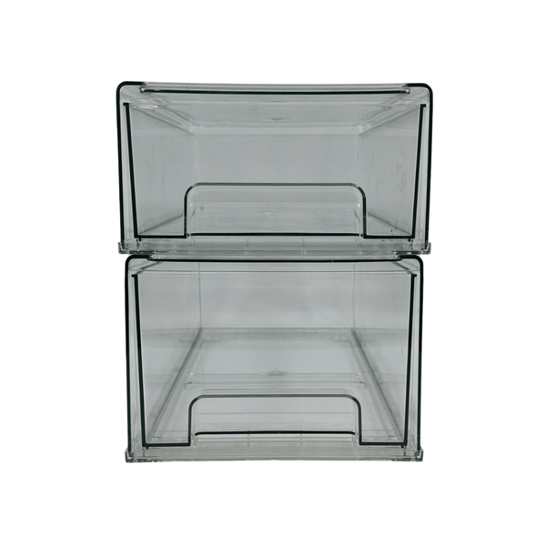 Clear stackable under sink storage organizer for kitchen or bathroom space-saving.