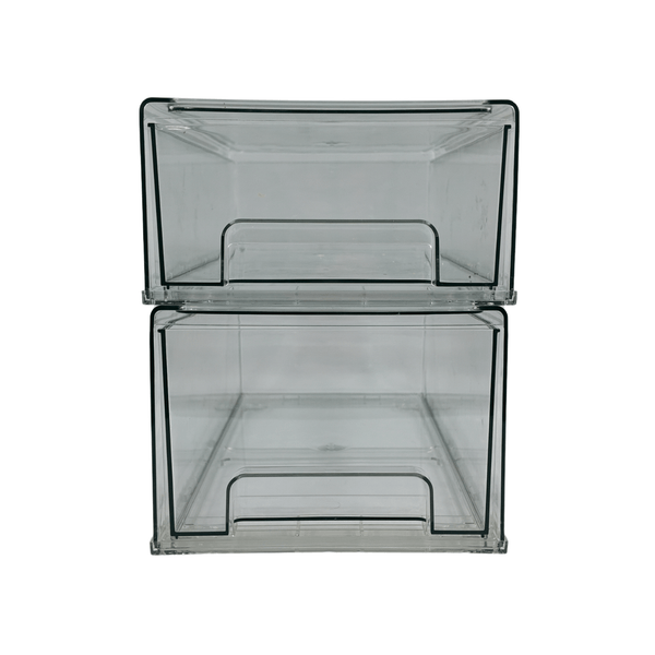 Two stackable clear pull out bins from the Deluxe Under Sink Storage Solution – 7 Pack, perfect for efficient kitchen organisation.