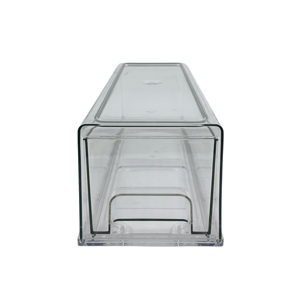 Transparent storage organiser container for fridge or pantry, ideal for space-saving.