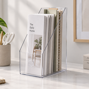 Clear PET Magazine File holding magazines and notebooks on a desk