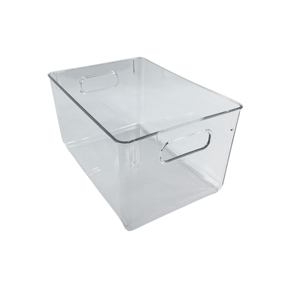 XL clear bathroom storage tub, ideal for organizing pantry, fridge, or bathroom spaces.