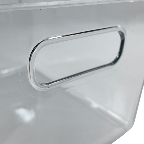 Clear XL bathroom storage tub with handle, ideal for pantry, fridge, or under-sink organization.