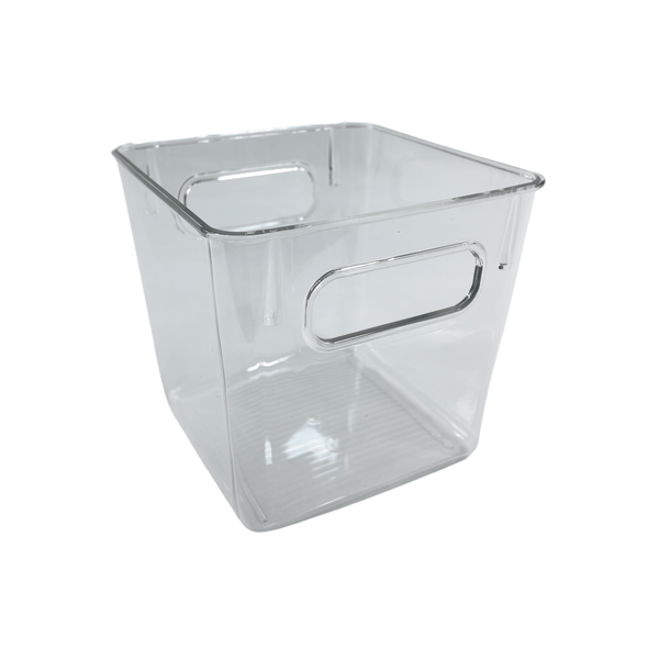 Medium clear storage tub for pantry, fridge, or laundry organization; space-saving kitchen basket.