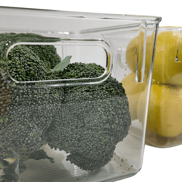 Clear fridge container storing broccoli and lemons, perfect kitchen or pantry organiser.