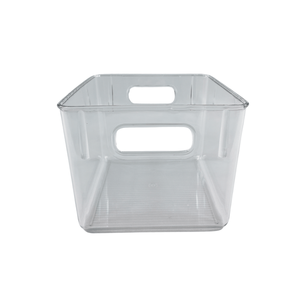 Large clear bathroom storage tub for space-saving organization; ideal under-sink organizer.