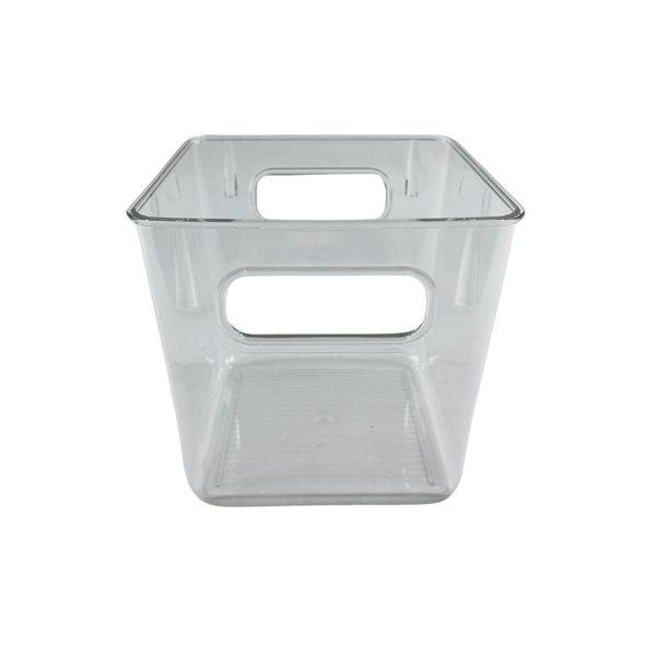 Clear medium fridge storage tub; space-saving kitchen basket for pantry and fridge.
