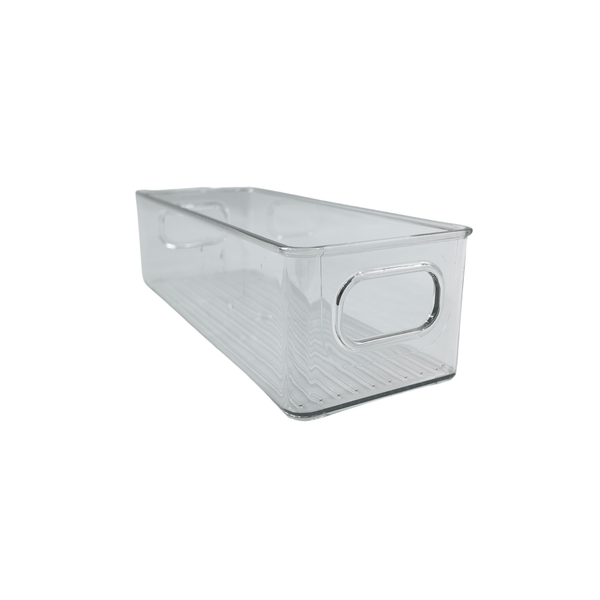 Clear mini storage tub for pantry and fridge organization, perfect space-saving kitchen basket.