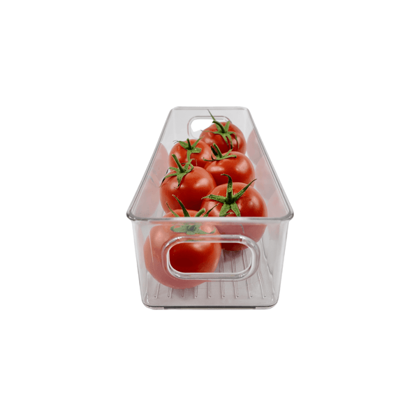 Clear mini fridge storage tub with tomatoes, perfect for organizing pantry or fridge.