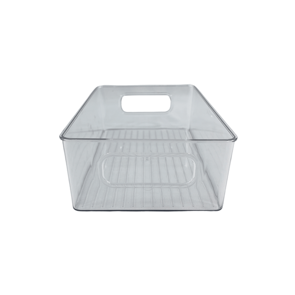 Mini clear bathroom storage tub, ideal for organizing toiletries, space-saving container.