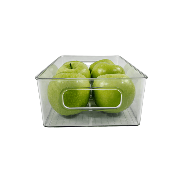 Clear storage tub with green apples, perfect fridge organiser and space-saving solution.