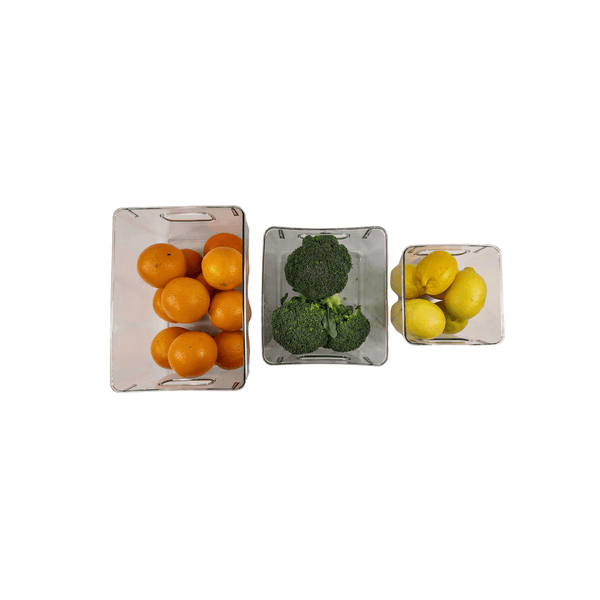 Clear fridge storage tubs with fruit and vegetables for pantry organization.