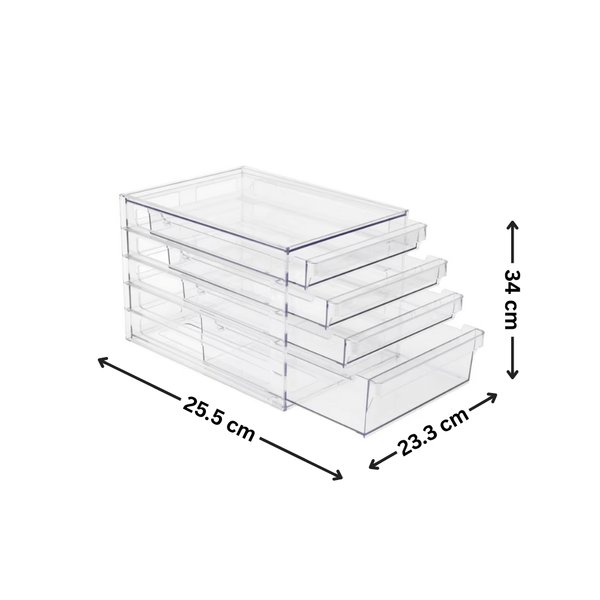 Clear 4-drawer organiser for pantry or fridge storage, space-saving design, 25.5x23.3x34 cm.