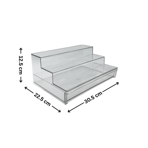 Clear acrylic step shelf organizer for kitchen or bathroom, ideal for pantry storage, space-saving, and stylish home organization solutions.