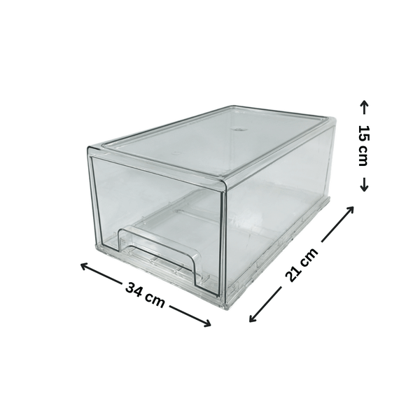Clear large modular drawer organiser, 34x21x15 cm, ideal for pantry jars or fridge.