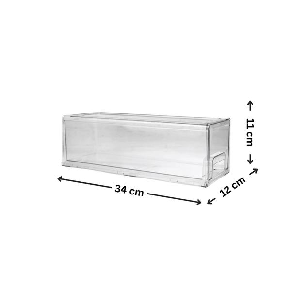 Clear plastic storage box for 14-Piece Fridge Organisation Starter Pack, ideal for kitchen or pantry organisation, 34x12x11 cm dimensions.
