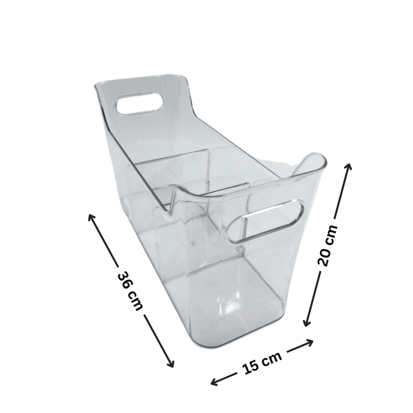 Clear pull-out storage organiser for pantry or fridge, 36x15x20 cm, space-saving container.