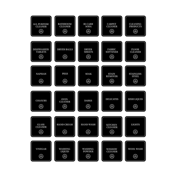 Laundry and cleaning sticker set with 30 square labels for storage organizers in home.